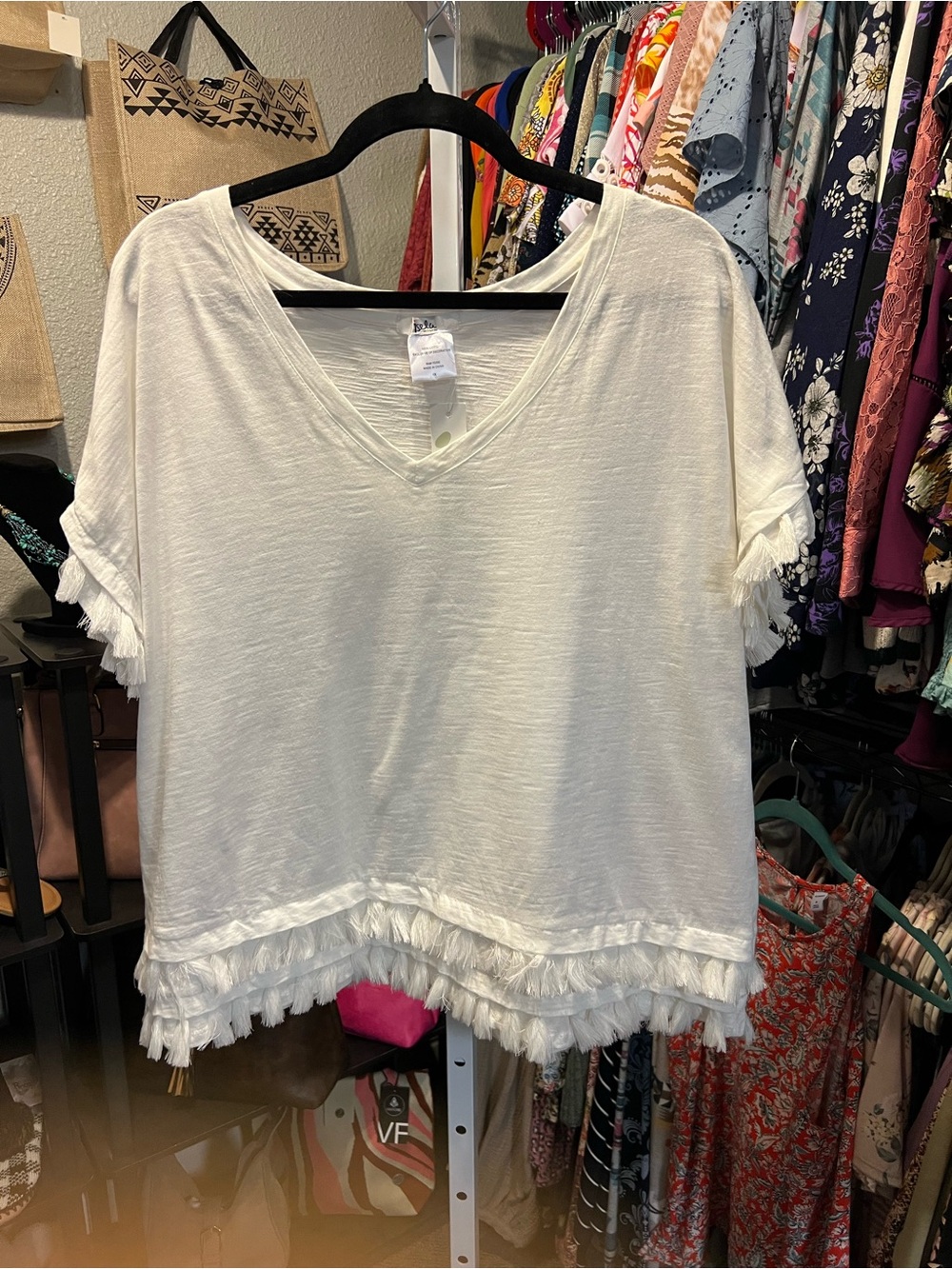 Isela V-Neck White Fringe Short Sleeve Blouse